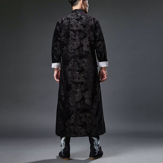 Buddha Gift Vintage Fall Winter Chinese Frog-Button Tang Suit Men's Dragon Jacquard Robe With Pockets