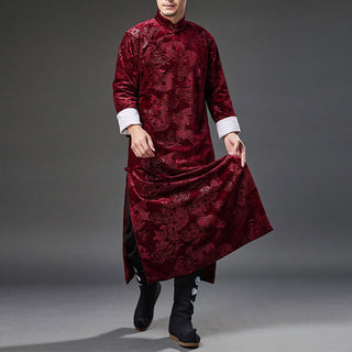 Buddha Gift Vintage Fall Winter Chinese Frog-Button Tang Suit Men's Dragon Jacquard Robe With Pockets