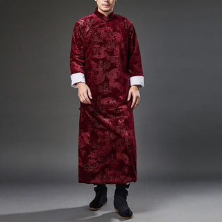 Buddha Gift Vintage Fall Winter Chinese Frog-Button Tang Suit Men's Dragon Jacquard Robe With Pockets