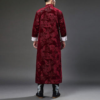 Buddha Gift Vintage Fall Winter Chinese Frog-Button Tang Suit Men's Dragon Jacquard Robe With Pockets