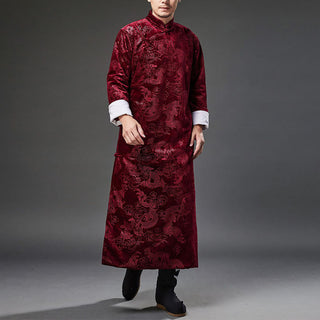 Buddha Gift Vintage Fall Winter Chinese Frog-Button Tang Suit Men's Dragon Jacquard Robe With Pockets