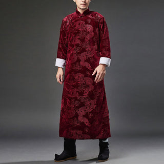 Buddha Gift Vintage Fall Winter Chinese Frog-Button Tang Suit Men's Dragon Jacquard Robe With Pockets