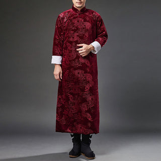 Buddha Gift Vintage Fall Winter Chinese Frog-Button Tang Suit Men's Dragon Jacquard Robe With Pockets