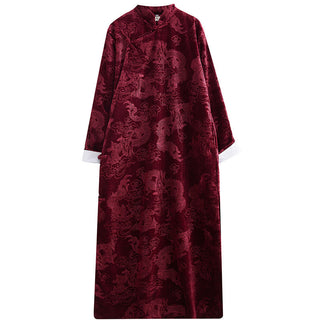Buddha Gift Vintage Fall Winter Chinese Frog-Button Tang Suit Men's Dragon Jacquard Robe With Pockets