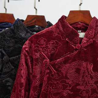 Buddha Gift Vintage Fall Winter Chinese Frog-Button Tang Suit Men's Dragon Jacquard Robe With Pockets