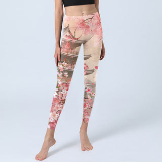 Buddha Gift Pink Sakura Antique Building Print Fitness Leggings Women's Yoga Pants