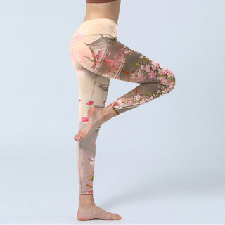 Buddha Gift Pink Sakura Antique Building Print Fitness Leggings Women's Yoga Pants