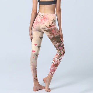 Buddha Gift Pink Sakura Antique Building Print Fitness Leggings Women's Yoga Pants
