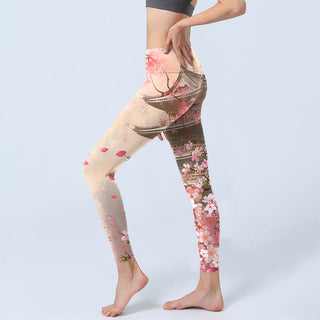 Buddha Gift Pink Sakura Antique Building Print Fitness Leggings Women's Yoga Pants