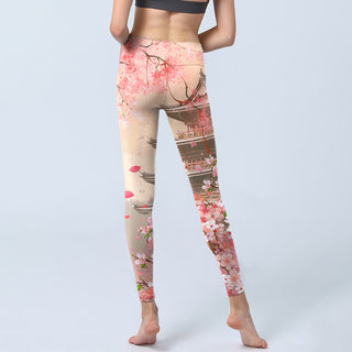Buddha Gift Pink Sakura Antique Building Print Fitness Leggings Women's Yoga Pants