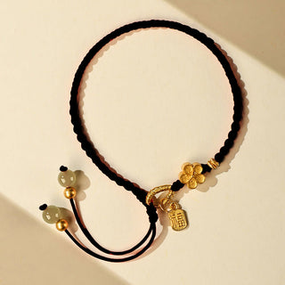 Buddha Gift Hetian Jade Small Peach Blossom Fu Character Charm Luck String Bracelet