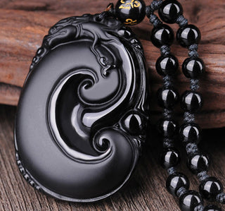 Buddha Gift Natural Black Obsidian PiXiu Oval Pattern Strength Necklace Pendant