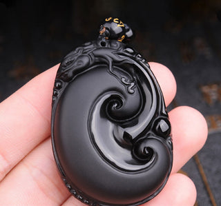 Buddha Gift Natural Black Obsidian PiXiu Oval Pattern Strength Necklace Pendant