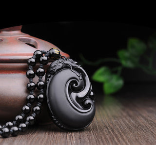 Buddha Gift Natural Black Obsidian PiXiu Oval Pattern Strength Necklace Pendant