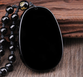 Buddha Gift Natural Black Obsidian PiXiu Oval Pattern Strength Necklace Pendant