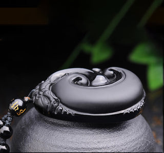 Buddha Gift Natural Black Obsidian PiXiu Oval Pattern Strength Necklace Pendant