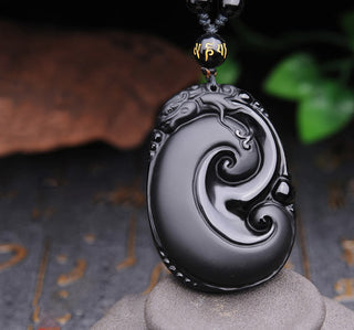 Buddha Gift Natural Black Obsidian PiXiu Oval Pattern Strength Necklace Pendant