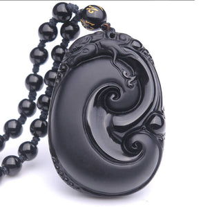 Buddha Gift Natural Black Obsidian PiXiu Oval Pattern Strength Necklace Pendant