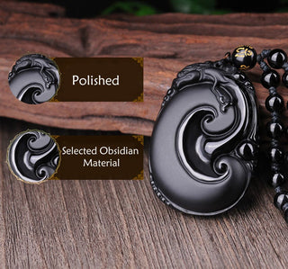 Buddha Gift Natural Black Obsidian PiXiu Oval Pattern Strength Necklace Pendant