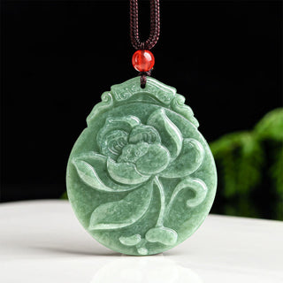 Buddha Gift Round Lotus Pattern Jade Abundance Prosperity Necklace Rope Pendant