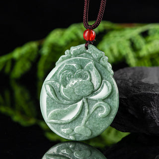 Buddha Gift Round Lotus Pattern Jade Abundance Prosperity Necklace Rope Pendant