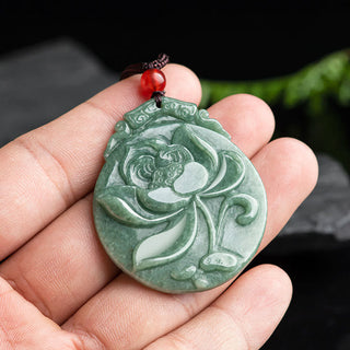 Buddha Gift Round Lotus Pattern Jade Abundance Prosperity Necklace Rope Pendant