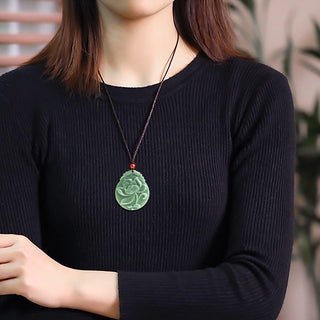 Buddha Gift Round Lotus Pattern Jade Abundance Prosperity Necklace Rope Pendant