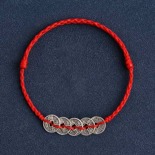 Buddha Gift 925 Sterling Silver Five Emperor Coins Red String Protection Luck Braided Bracelet Anklet