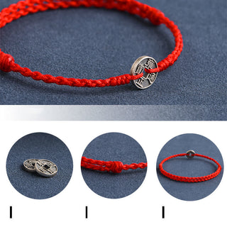 Buddha Gift 925 Sterling Silver Five Emperor Coins Red String Protection Luck Braided Bracelet Anklet