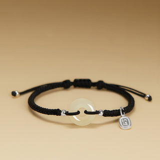 Buddha Gift Natural Hetian Jade Peace Buckle Fu Character Protection Luck Braided Bracelet