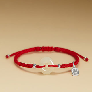 Buddha Gift Natural Hetian Jade Peace Buckle Fu Character Protection Luck Braided Bracelet