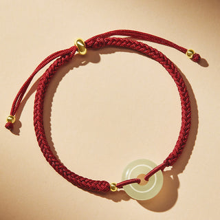Buddha Gift Natural Hetian Jade Peace Buckle Fu Character Protection Luck Braided Bracelet