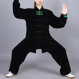 Buddha Gift 2Pcs Fall Winter Tai Chi Qigong Practice Unisex Frog-Button Meditation Velour Clothing Set