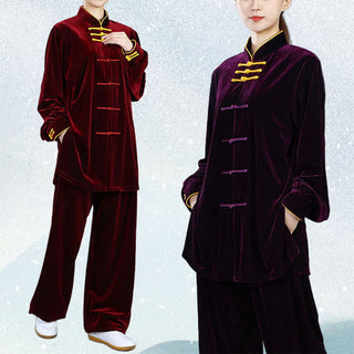 Buddha Gift 2Pcs Fall Winter Tai Chi Qigong Practice Unisex Frog-Button Meditation Velour Clothing Set