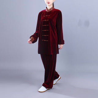 Buddha Gift 2Pcs Fall Winter Tai Chi Qigong Auspicious Clouds Stand Collar Frog-Button Unisex Velour Meditation Clothing Set