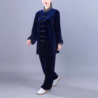 Buddha Gift 2Pcs Fall Winter Tai Chi Qigong Auspicious Clouds Stand Collar Frog-Button Unisex Velour Meditation Clothing Set