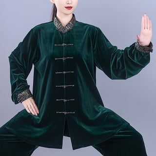 Buddha Gift 2Pcs Fall Winter Tai Chi Qigong Auspicious Clouds Stand Collar Frog-Button Unisex Velour Meditation Clothing Set