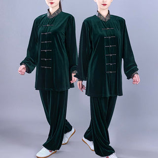 Buddha Gift 2Pcs Fall Winter Tai Chi Qigong Auspicious Clouds Stand Collar Frog-Button Unisex Velour Meditation Clothing Set