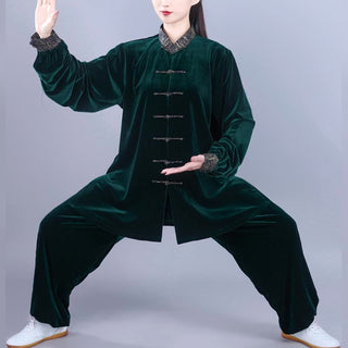 Buddha Gift 2Pcs Fall Winter Tai Chi Qigong Auspicious Clouds Stand Collar Frog-Button Unisex Velour Meditation Clothing Set