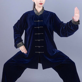 Buddha Gift 2Pcs Fall Winter Tai Chi Qigong Auspicious Clouds Stand Collar Frog-Button Unisex Velour Meditation Clothing Set