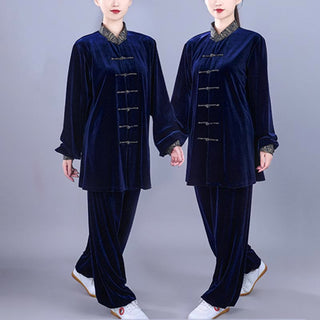 Buddha Gift 2Pcs Fall Winter Tai Chi Qigong Auspicious Clouds Stand Collar Frog-Button Unisex Velour Meditation Clothing Set