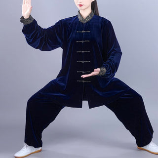 Buddha Gift 2Pcs Fall Winter Tai Chi Qigong Auspicious Clouds Stand Collar Frog-Button Unisex Velour Meditation Clothing Set
