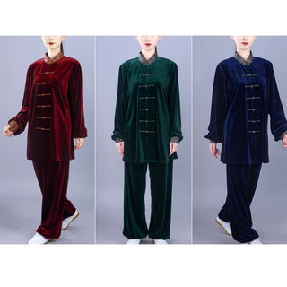 Buddha Gift 2Pcs Fall Winter Tai Chi Qigong Auspicious Clouds Stand Collar Frog-Button Unisex Velour Meditation Clothing Set
