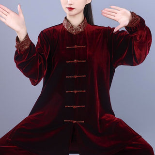 Buddha Gift 2Pcs Fall Winter Tai Chi Qigong Auspicious Clouds Stand Collar Frog-Button Unisex Velour Meditation Clothing Set