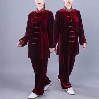 Buddha Gift 2Pcs Fall Winter Tai Chi Qigong Auspicious Clouds Stand Collar Frog-Button Unisex Velour Meditation Clothing Set