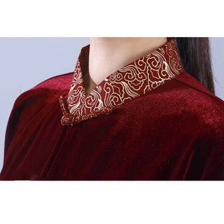 Buddha Gift 2Pcs Fall Winter Tai Chi Qigong Auspicious Clouds Stand Collar Frog-Button Unisex Velour Meditation Clothing Set