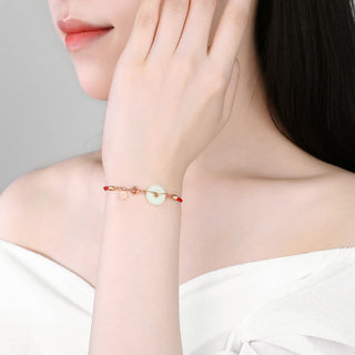 Buddha Gift Natural Hetian Jade Peace Buckle 925 Sterling Silver Red String Fu Character Protection Luck Bracelet