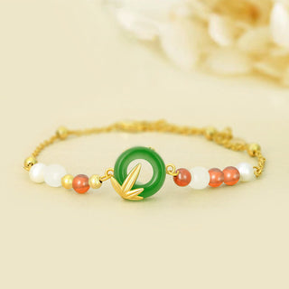 Buddha Gift 925 Sterling Silver Green Chalcedony Peace Buckle Bamboo Calm Bracelet