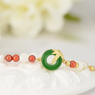 Buddha Gift 925 Sterling Silver Green Chalcedony Peace Buckle Bamboo Calm Bracelet