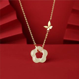 Buddha Gift 925 Sterling Silver Butterfly Hetian Jade Flower Blessing Necklace Pendant